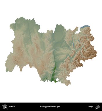 Auvergne-Rhone-Alpes. Fransa 'nın idari bölgesi renkli bir yükseklik haritasında beyaza izole edilmiş