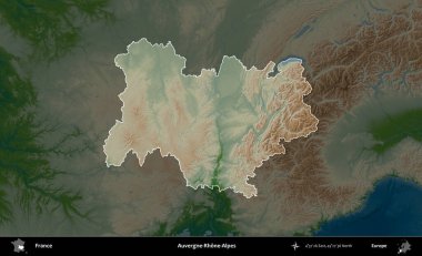 Auvergne-Rhone-Alpes. Fransa 'nın idari alanı koyu renkli bir yükseklik haritasına vurgulandı ve özetlendi
