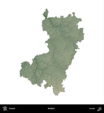 Avallon. Fransa 'nın idari bölgesi renkli bir yükseklik haritasında beyaza izole edilmiş