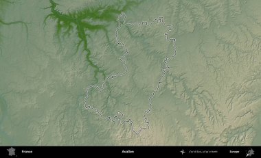 Avallon. Renkli bir yükseklik haritasında Fransa 'nın ana yönetim alanı belirtilmiş
