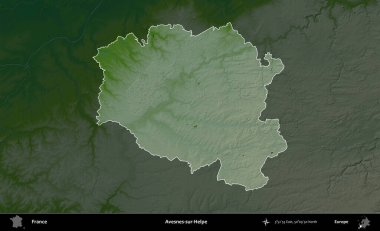 Avesnes-sur-Helpe. Fransa 'nın idari alanı koyu renkli bir yükseklik haritasına vurgulandı ve özetlendi