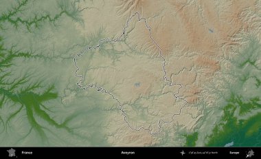 Aveyron. Renkli bir yükseklik haritasında Fransa 'nın ana yönetim alanı belirtilmiş