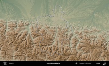 Bagneres-de-Bigorre. Renkli bir yükseklik haritasında Fransa 'nın ana yönetim alanı belirtilmiş