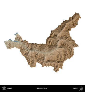 Barcelonnette. Fransa 'nın idari bölgesi renkli bir yükseklik haritasında beyaza izole edilmiş