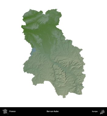 Bar-sur-Aube. Fransa 'nın idari bölgesi renkli bir yükseklik haritasında beyaza izole edilmiş