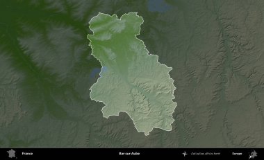 Bar-sur-Aube. Fransa 'nın idari alanı koyu renkli bir yükseklik haritasına vurgulandı ve özetlendi