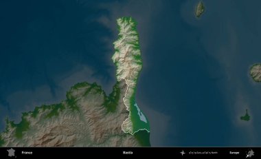 Bastia. Fransa 'nın idari alanı koyu renkli bir yükseklik haritasına vurgulandı ve özetlendi