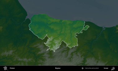 Bayeux. Fransa 'nın idari alanı koyu renkli bir yükseklik haritasına vurgulandı ve özetlendi