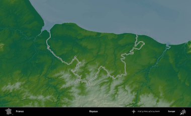 Bayeux. Renkli bir yükseklik haritasında Fransa 'nın ana yönetim alanı belirtilmiş