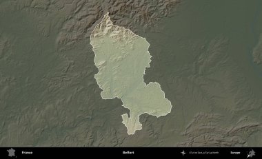 Belfort. Fransa 'nın idari alanı koyu renkli bir yükseklik haritasına vurgulandı ve özetlendi