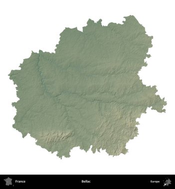 Bellac. Fransa 'nın idari bölgesi renkli bir yükseklik haritasında beyaza izole edilmiş