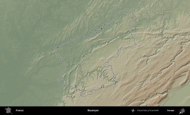 Besancon. Renkli bir yükseklik haritasında Fransa 'nın ana yönetim alanı belirtilmiş