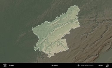 Besancon. Fransa 'nın idari alanı koyu renkli bir yükseklik haritasına vurgulandı ve özetlendi