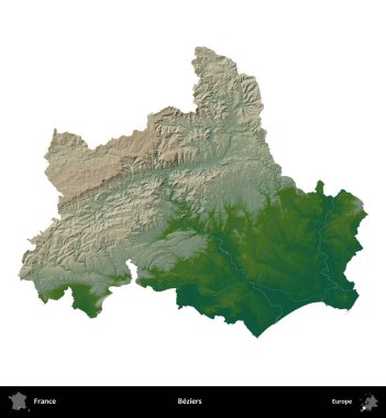 Beziers. Fransa 'nın idari bölgesi renkli bir yükseklik haritasında beyaza izole edilmiş