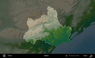 Beziers. Fransa 'nın idari alanı koyu renkli bir yükseklik haritasına vurgulandı ve özetlendi