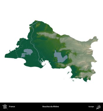 Bouches-du-Rhone. Fransa 'nın idari bölgesi renkli bir yükseklik haritasında beyaza izole edilmiş