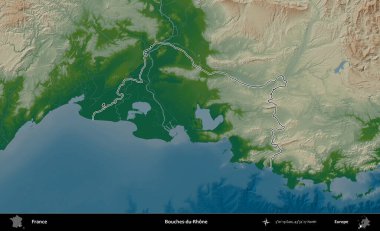 Bouches-du-Rhone. Renkli bir yükseklik haritasında Fransa 'nın ana yönetim alanı belirtilmiş