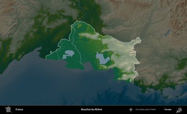 Bouches-du-Rhone. Fransa 'nın idari alanı koyu renkli bir yükseklik haritasına vurgulandı ve özetlendi