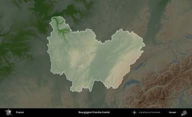 Bourgogne-Franche-Comte. Fransa 'nın idari alanı koyu renkli bir yükseklik haritasına vurgulandı ve özetlendi