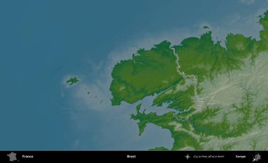 Brest. Renkli bir yükseklik haritasında Fransa 'nın ana yönetim alanı belirtilmiş
