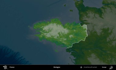 Bretagne. Fransa 'nın idari alanı koyu renkli bir yükseklik haritasına vurgulandı ve özetlendi