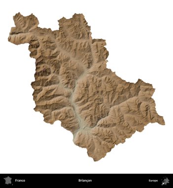 Briancon. Fransa 'nın idari bölgesi renkli bir yükseklik haritasında beyaza izole edilmiş