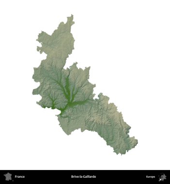 Brive-la-Gaillarde. Fransa 'nın idari bölgesi renkli bir yükseklik haritasında beyaza izole edilmiş