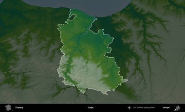 Caen. Fransa 'nın idari alanı koyu renkli bir yükseklik haritasına vurgulandı ve özetlendi