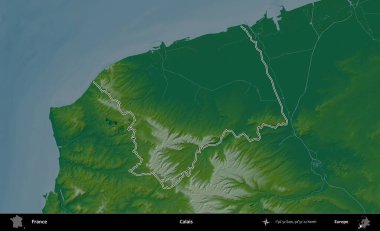 Calais. Renkli bir yükseklik haritasında Fransa 'nın ana yönetim alanı belirtilmiş