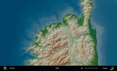 Calvi. Renkli bir yükseklik haritasında Fransa 'nın ana yönetim alanı belirtilmiş