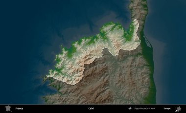 Calvi. Fransa 'nın idari alanı koyu renkli bir yükseklik haritasına vurgulandı ve özetlendi