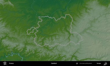Cambrai. Renkli bir yükseklik haritasında Fransa 'nın ana yönetim alanı belirtilmiş