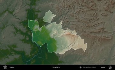 Marangozlar. Fransa 'nın idari alanı koyu renkli bir yükseklik haritasına vurgulandı ve özetlendi
