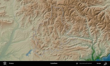 Castellane. Renkli bir yükseklik haritasında Fransa 'nın ana yönetim alanı belirtilmiş