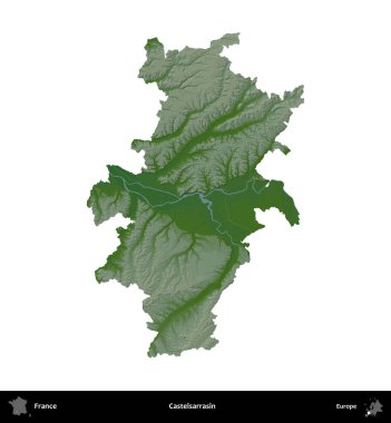 Castelsarrasin. Fransa 'nın idari bölgesi renkli bir yükseklik haritasında beyaza izole edilmiş