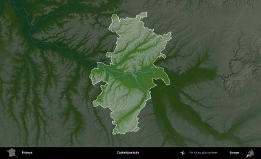 Castelsarrasin. Fransa 'nın idari alanı koyu renkli bir yükseklik haritasına vurgulandı ve özetlendi