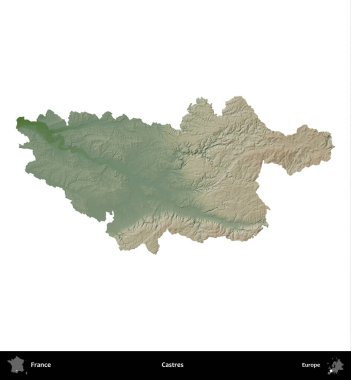 Castres. Fransa 'nın idari bölgesi renkli bir yükseklik haritasında beyaza izole edilmiş