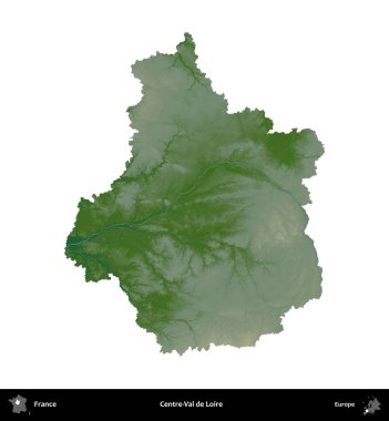 Merkez-Val de Loire. Fransa 'nın idari bölgesi renkli bir yükseklik haritasında beyaza izole edilmiş