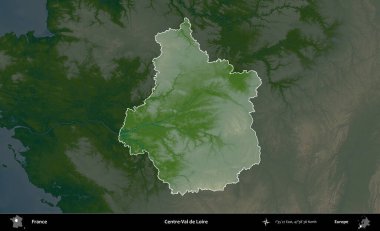 Merkez-Val de Loire. Fransa 'nın idari alanı koyu renkli bir yükseklik haritasına vurgulandı ve özetlendi