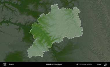 Chalons-en-Champagne. Fransa 'nın idari alanı koyu renkli bir yükseklik haritasına vurgulandı ve özetlendi