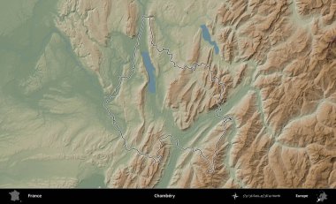 Chambery. Renkli bir yükseklik haritasında Fransa 'nın ana yönetim alanı belirtilmiş