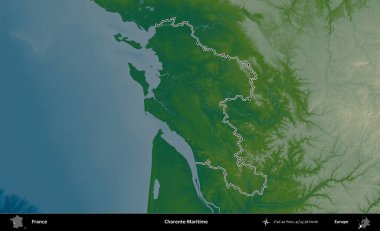 Charente-Maritime. Renkli bir yükseklik haritasında Fransa 'nın ana yönetim alanı belirtilmiş