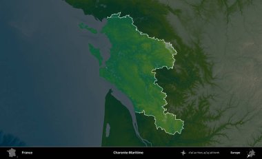 Charente-Maritime. Fransa 'nın idari alanı koyu renkli bir yükseklik haritasına vurgulandı ve özetlendi
