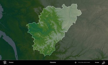 Charente. Fransa 'nın idari alanı koyu renkli bir yükseklik haritasına vurgulandı ve özetlendi