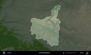Charleville-Mezieres. Fransa 'nın idari alanı koyu renkli bir yükseklik haritasına vurgulandı ve özetlendi