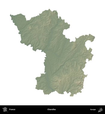 Charolles. Fransa 'nın idari bölgesi renkli bir yükseklik haritasında beyaza izole edilmiş