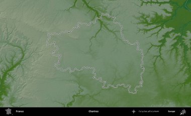 Chartres. Renkli bir yükseklik haritasında Fransa 'nın ana yönetim alanı belirtilmiş