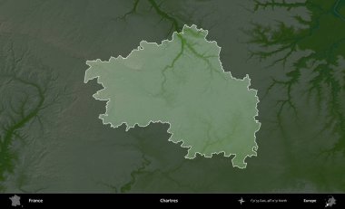 Chartres. Fransa 'nın idari alanı koyu renkli bir yükseklik haritasına vurgulandı ve özetlendi