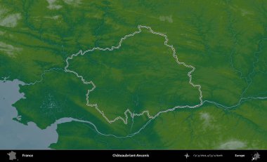 Chateaubriant-Ancenis. Renkli bir yükseklik haritasında Fransa 'nın ana yönetim alanı belirtilmiş