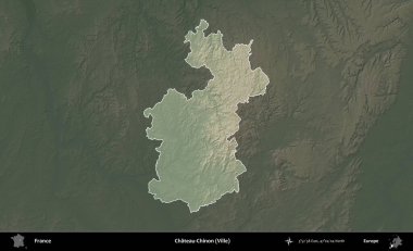 Chateau-Chinon (Ville). Fransa 'nın idari alanı koyu renkli bir yükseklik haritasına vurgulandı ve özetlendi